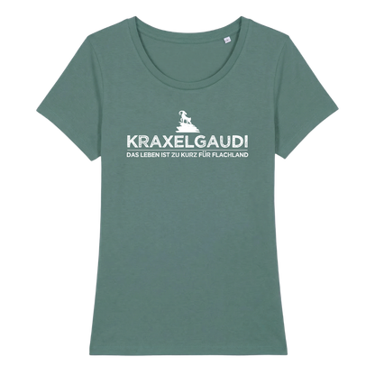 Kraxelgaudi Frauen Shirt mit Berg-Logo, Detailansicht