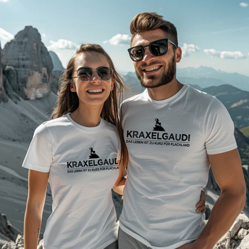 Kraxelgaudi T-Shirt Unisex mit Berg-Logo, Designdetail
