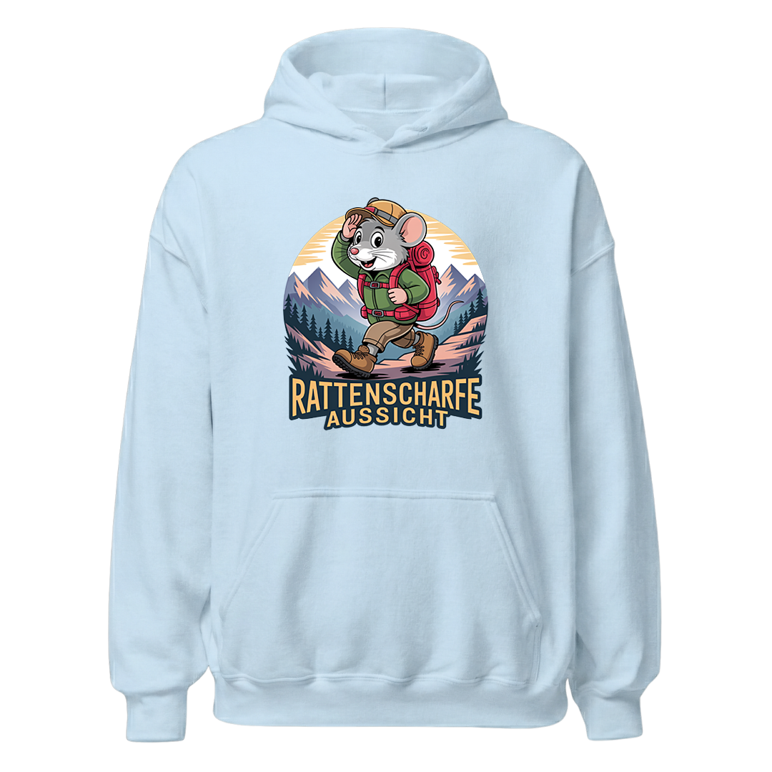 Rattenscharfe Aussicht Hoodie Unisex mit Berg-Motiv, Print Nahaufnahme