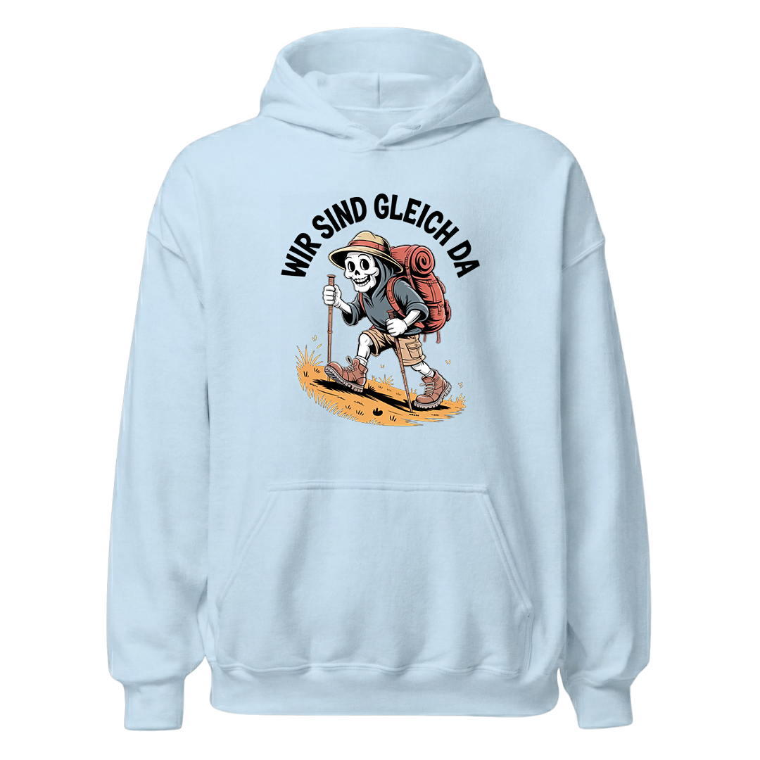 Wir sind gleich da Hoodie Unisex mit Skelett-Motiv, Print Nahaufnahme