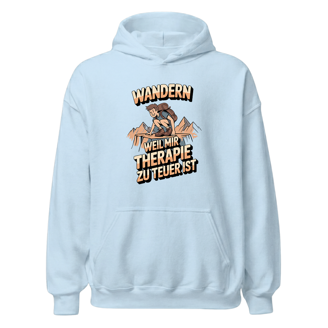 Wandern weil Therapie zu teuer ist Hoodie Unisex mit Spruch, Print Nahaufnahme