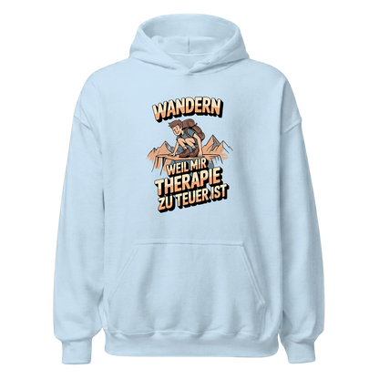 Wandern weil Therapie zu teuer ist Hoodie Unisex mit Spruch, Print Nahaufnahme