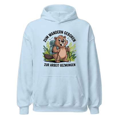 Zum Wandern geboren Hoodie Unisex mit Wander-Spruch, Print Nahaufnahme