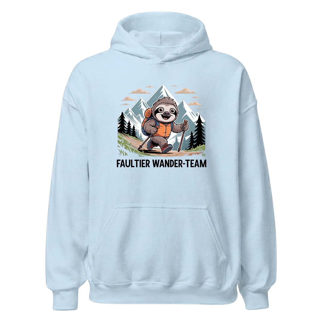 Faultier Wander-Team Hoodie Unisex mit Faultier-Motiv, Print Nahaufnahme