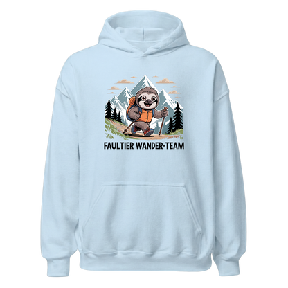 Faultier Wander-Team Hoodie Unisex mit Faultier-Motiv, Print Nahaufnahme