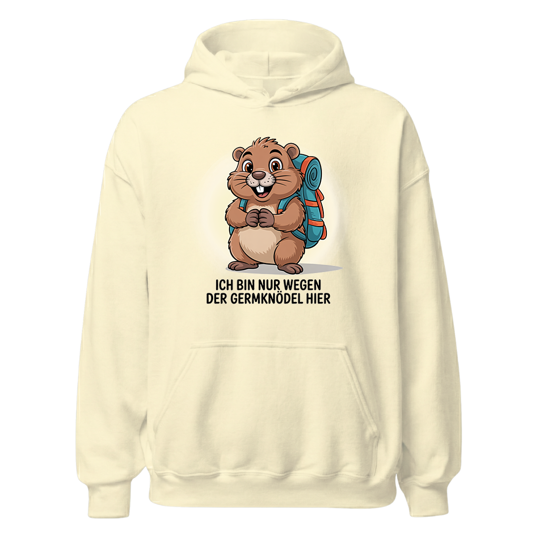 Wegen der Germknödel Hoodie Unisex mit Hütten-Spruch, Farbvariante