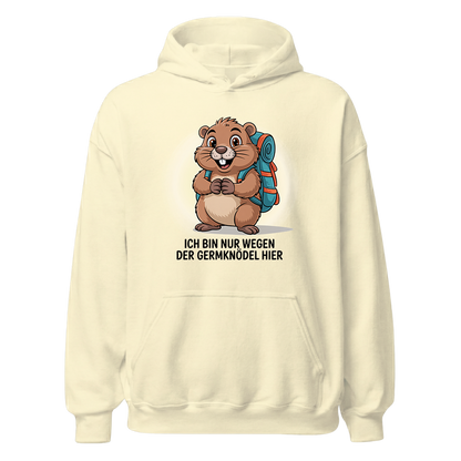 Wegen der Germknödel Hoodie Unisex mit Hütten-Spruch, Farbvariante