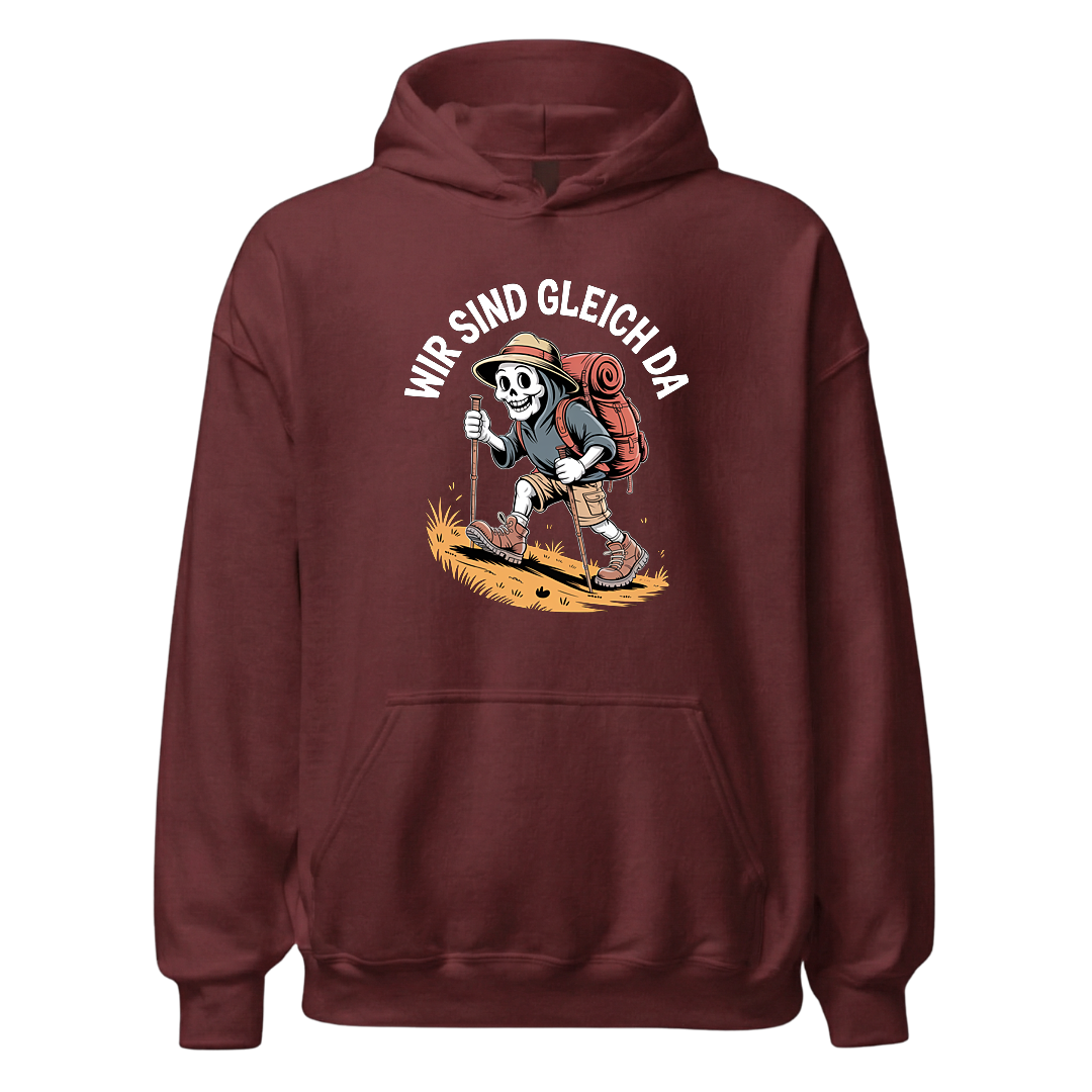 Wir sind gleich da Hoodie Unisex mit Skelett-Motiv, Detailansicht