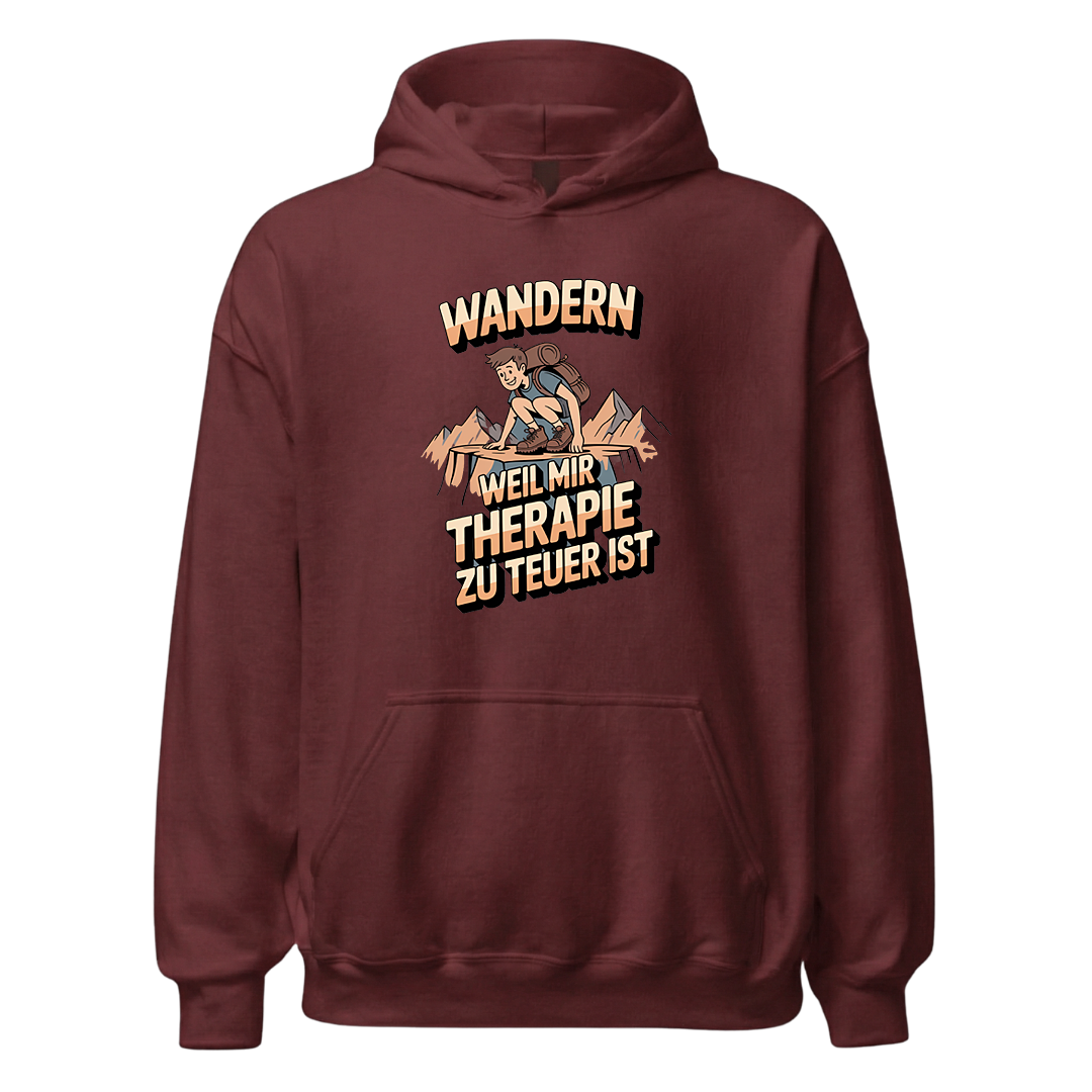 Wandern weil Therapie zu teuer ist Hoodie Unisex mit Spruch, Detailansicht