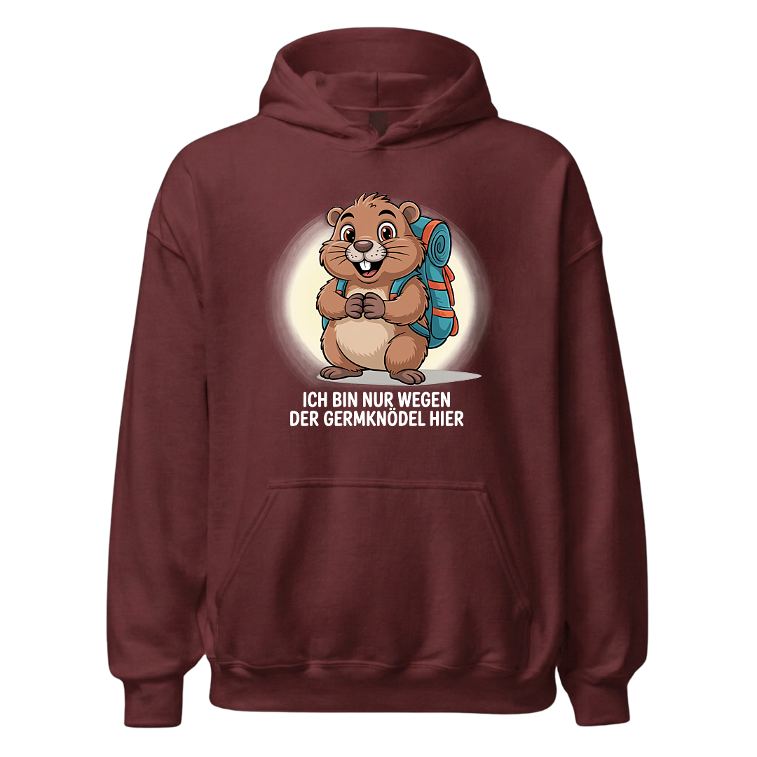 Wegen der Germknödel Hoodie Unisex mit Hütten-Spruch, Detailansicht