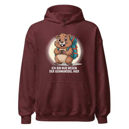 Wegen der Germknödel Hoodie Unisex mit Hütten-Spruch, Detailansicht