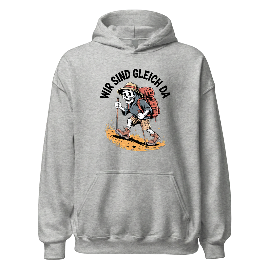 Wir sind gleich da Hoodie Unisex mit Skelett-Motiv, Rückansicht