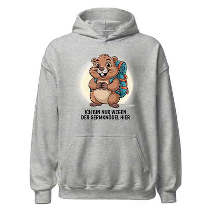 Wegen der Germknödel Hoodie Unisex mit Hütten-Spruch, Rückansicht