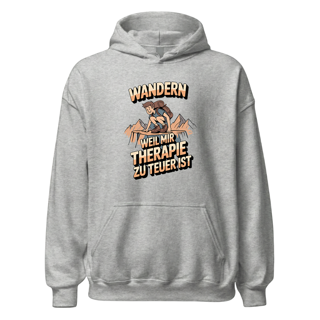 Wandern weil Therapie zu teuer ist Hoodie Unisex mit Spruch, Rückansicht