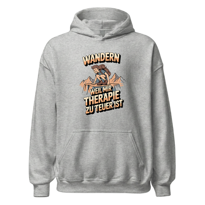 Wandern weil Therapie zu teuer ist Hoodie Unisex mit Spruch, Rückansicht