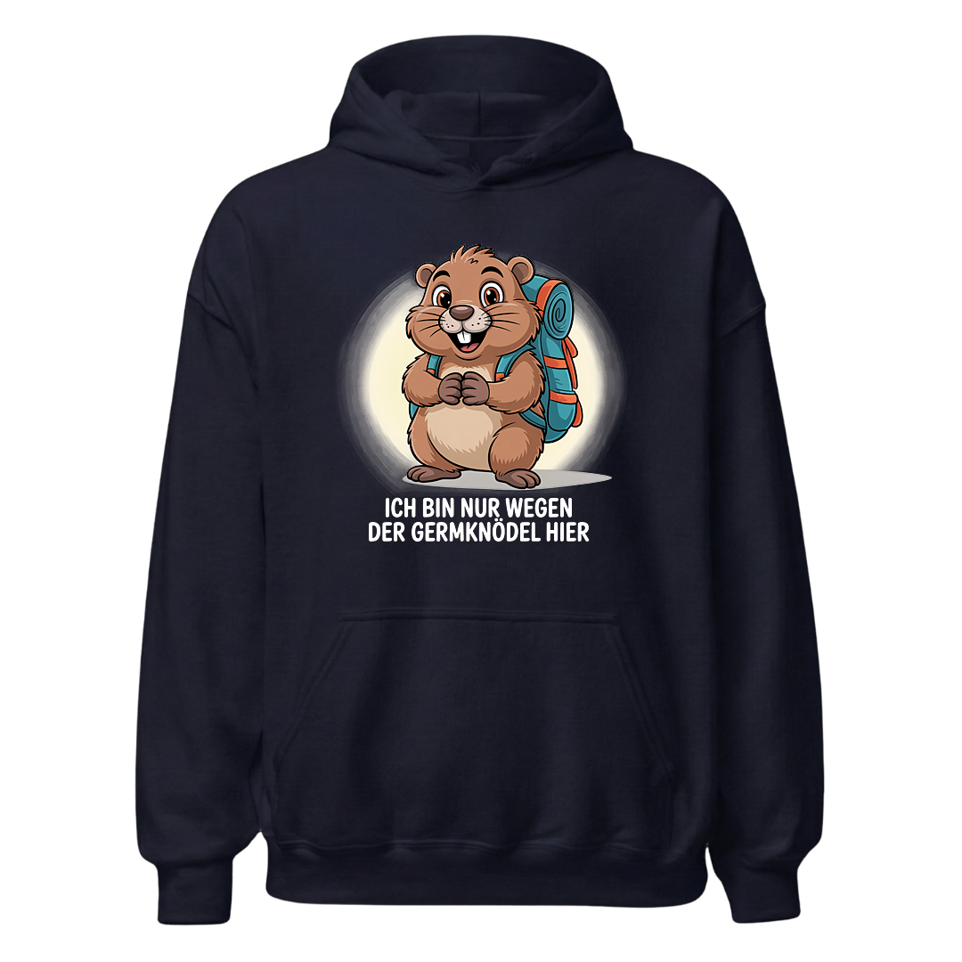 Wegen der Germknödel Hoodie Unisex mit Hütten-Spruch, Designdetail