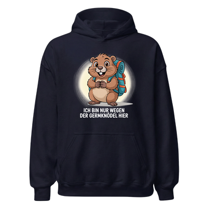 Wegen der Germknödel Hoodie Unisex mit Hütten-Spruch, Designdetail