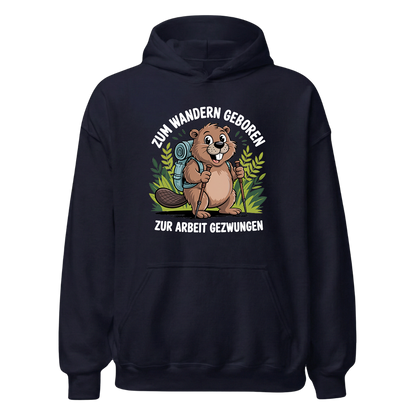 Zum Wandern geboren Hoodie Unisex mit Wander-Spruch, Designdetail