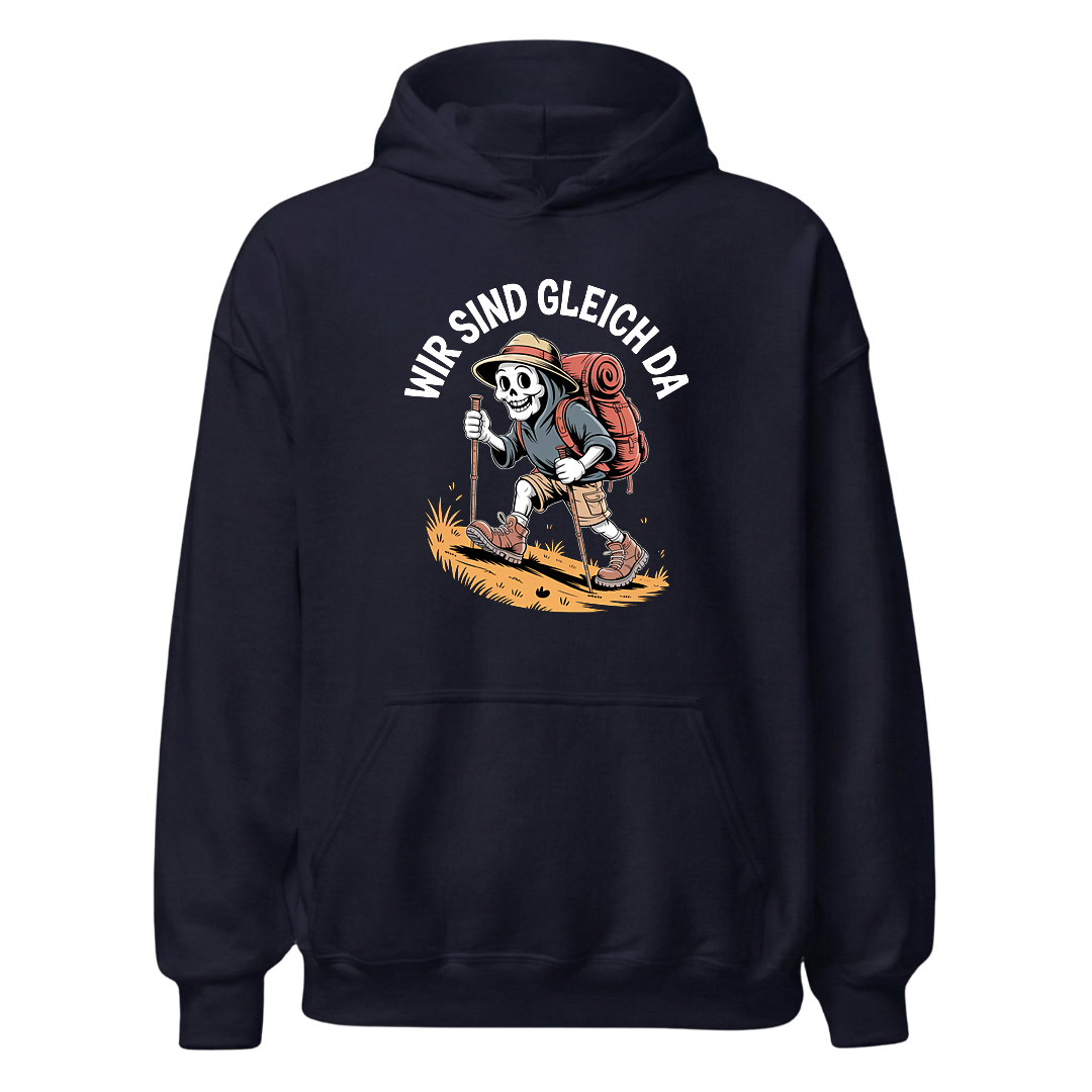 Wir sind gleich da Hoodie Unisex mit Skelett-Motiv, Designdetail