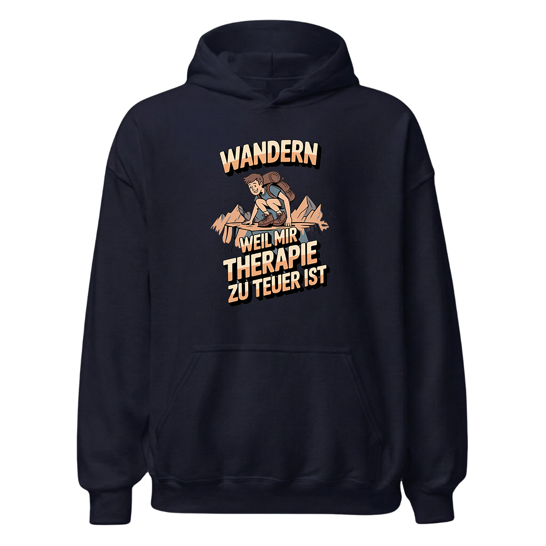 Wandern weil Therapie zu teuer ist Hoodie Unisex mit Spruch, Designdetail