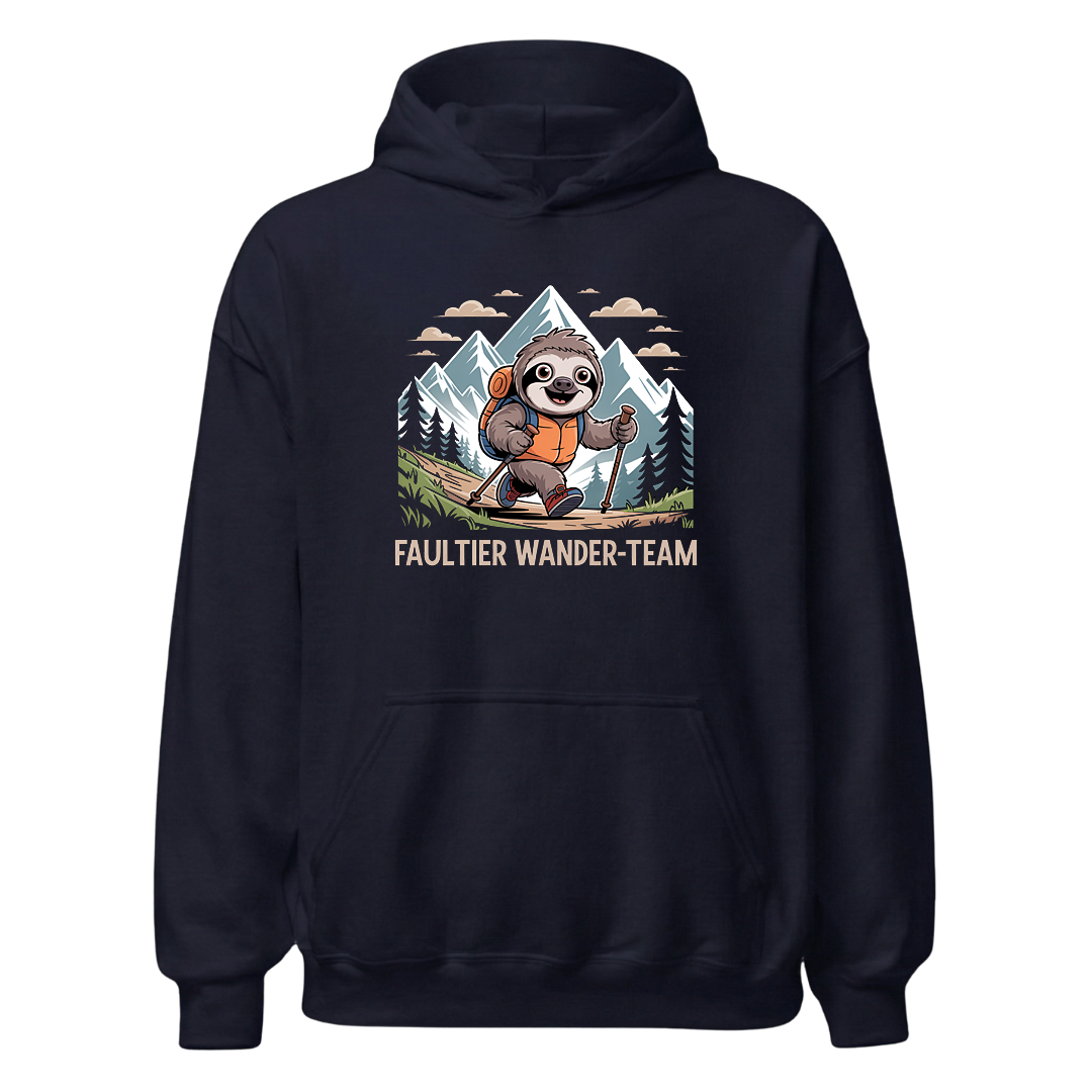 Faultier Wander-Team Hoodie Unisex mit Faultier-Motiv, Designdetail