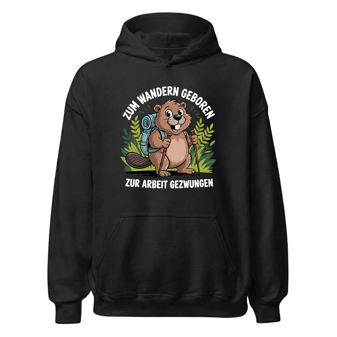 Zum Wandern geboren Hoodie Unisex mit Wander-Spruch, Frontansicht