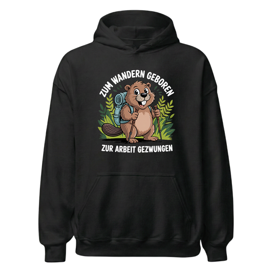 Zum Wandern geboren Hoodie Unisex mit Wander-Spruch, Frontansicht