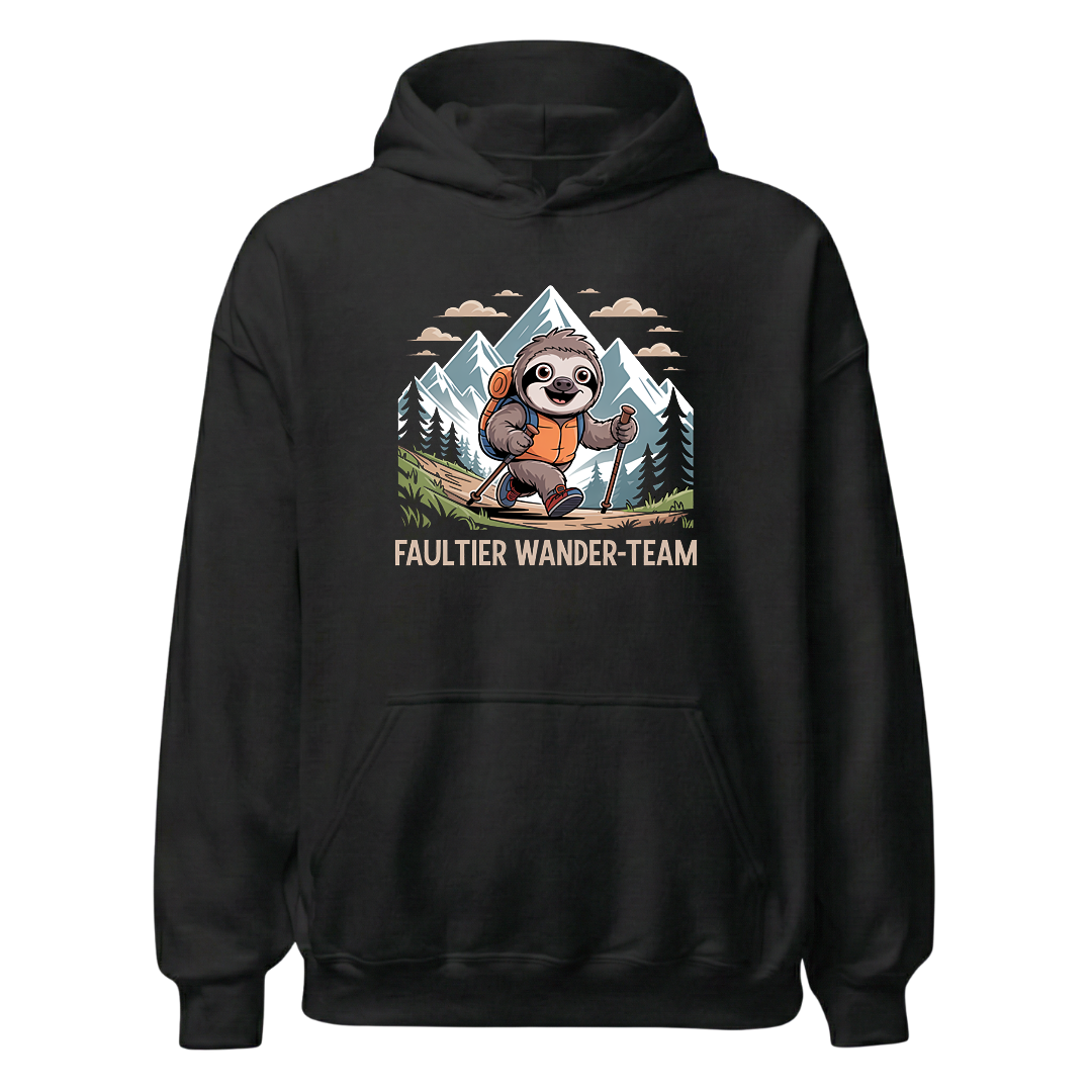 Faultier Wander-Team Hoodie Unisex mit Faultier-Motiv, Frontansicht