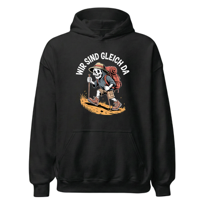 Wir sind gleich da Hoodie Unisex mit Skelett-Motiv, Frontansicht