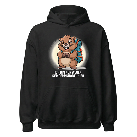 Wegen der Germknödel Hoodie Unisex mit Hütten-Spruch, Frontansicht