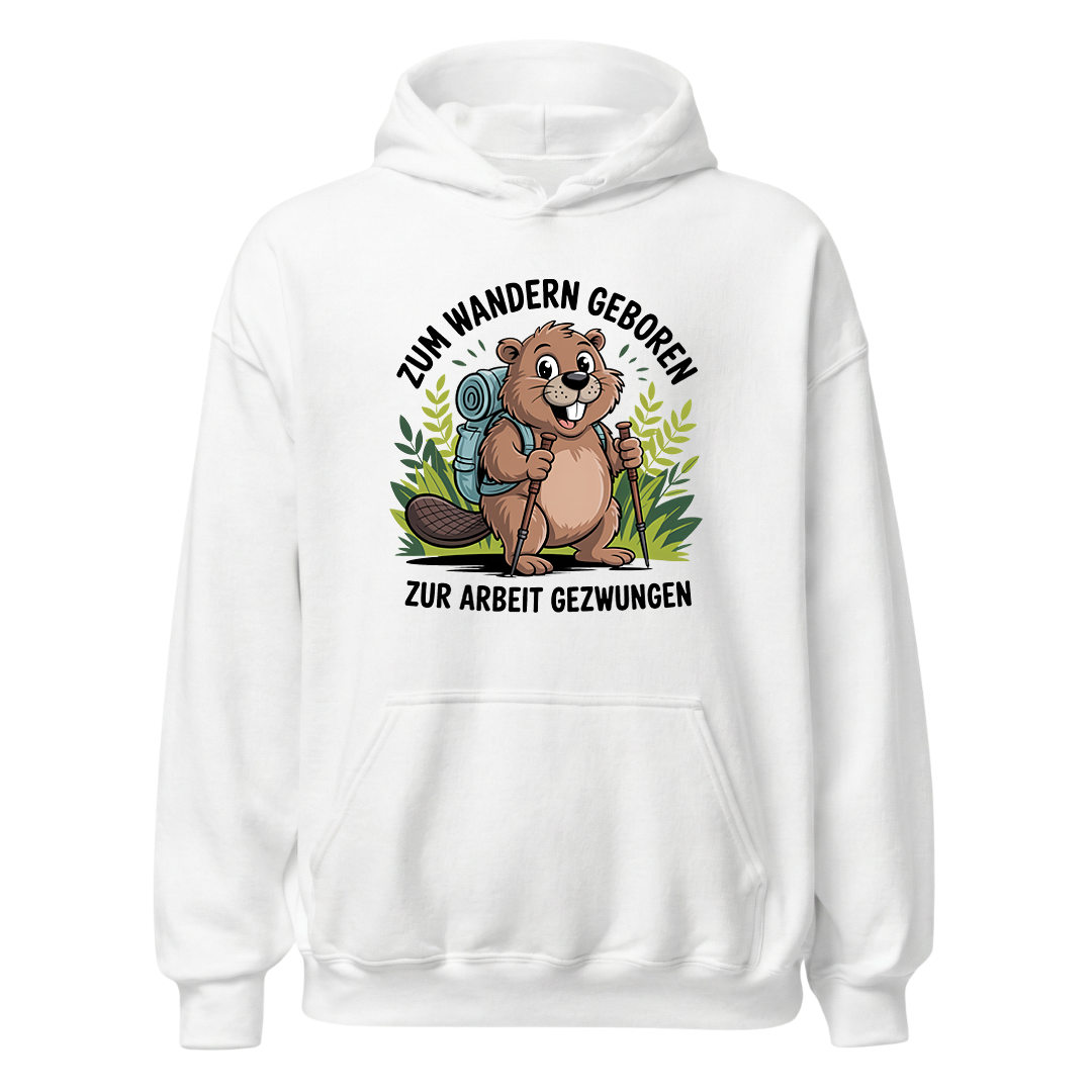 Zum Wandern geboren Hoodie Unisex mit Wander-Spruch, Motivdetail