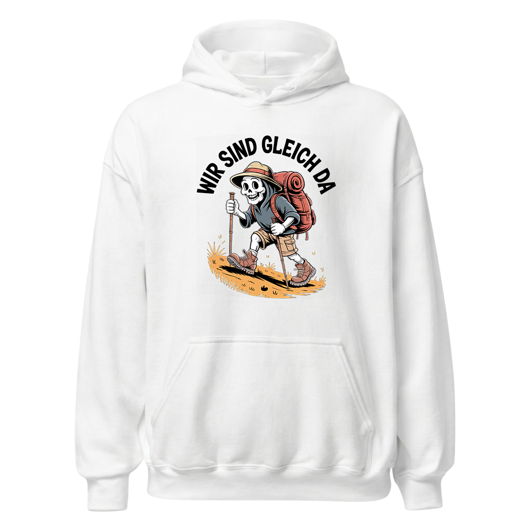 Wir sind gleich da Hoodie Unisex mit Skelett-Motiv, Motivdetail