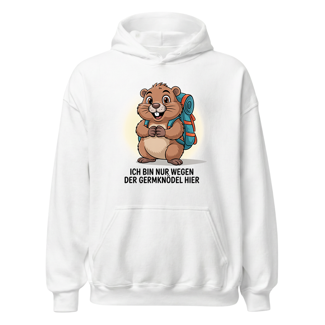 Wegen der Germknödel Hoodie Unisex mit Hütten-Spruch, Motivdetail