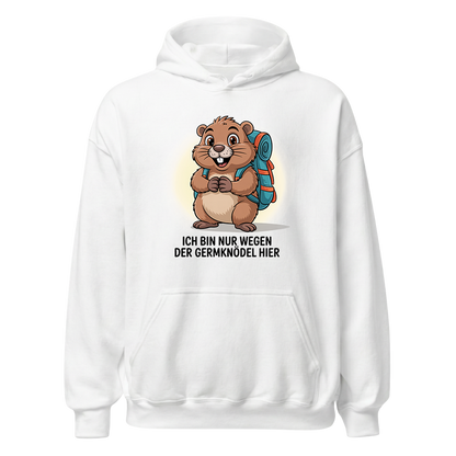 Wegen der Germknödel Hoodie Unisex mit Hütten-Spruch, Motivdetail