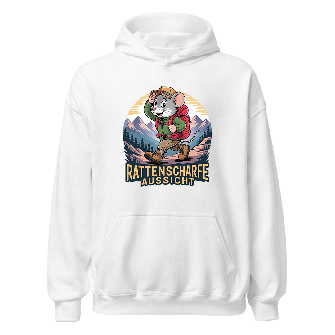 Rattenscharfe Aussicht Hoodie Unisex mit Berg-Motiv, Motivdetail