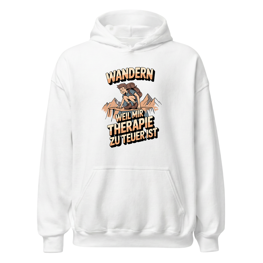 Wandern weil Therapie zu teuer ist Hoodie Unisex mit Spruch, Motivdetail