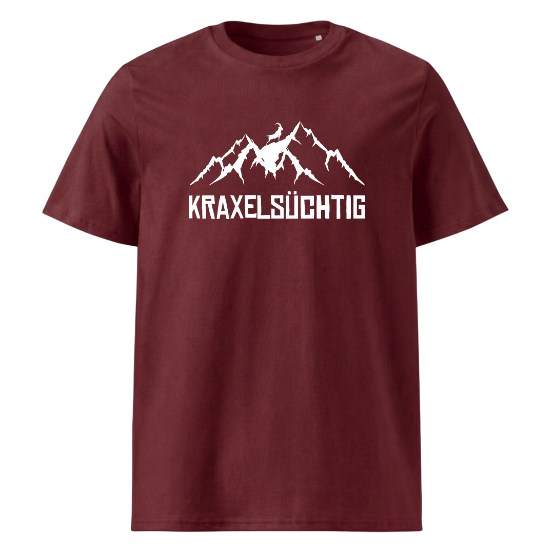 Kraxelsüchtig T-Shirt mit Berg-Spruch, Print Nahaufnahme