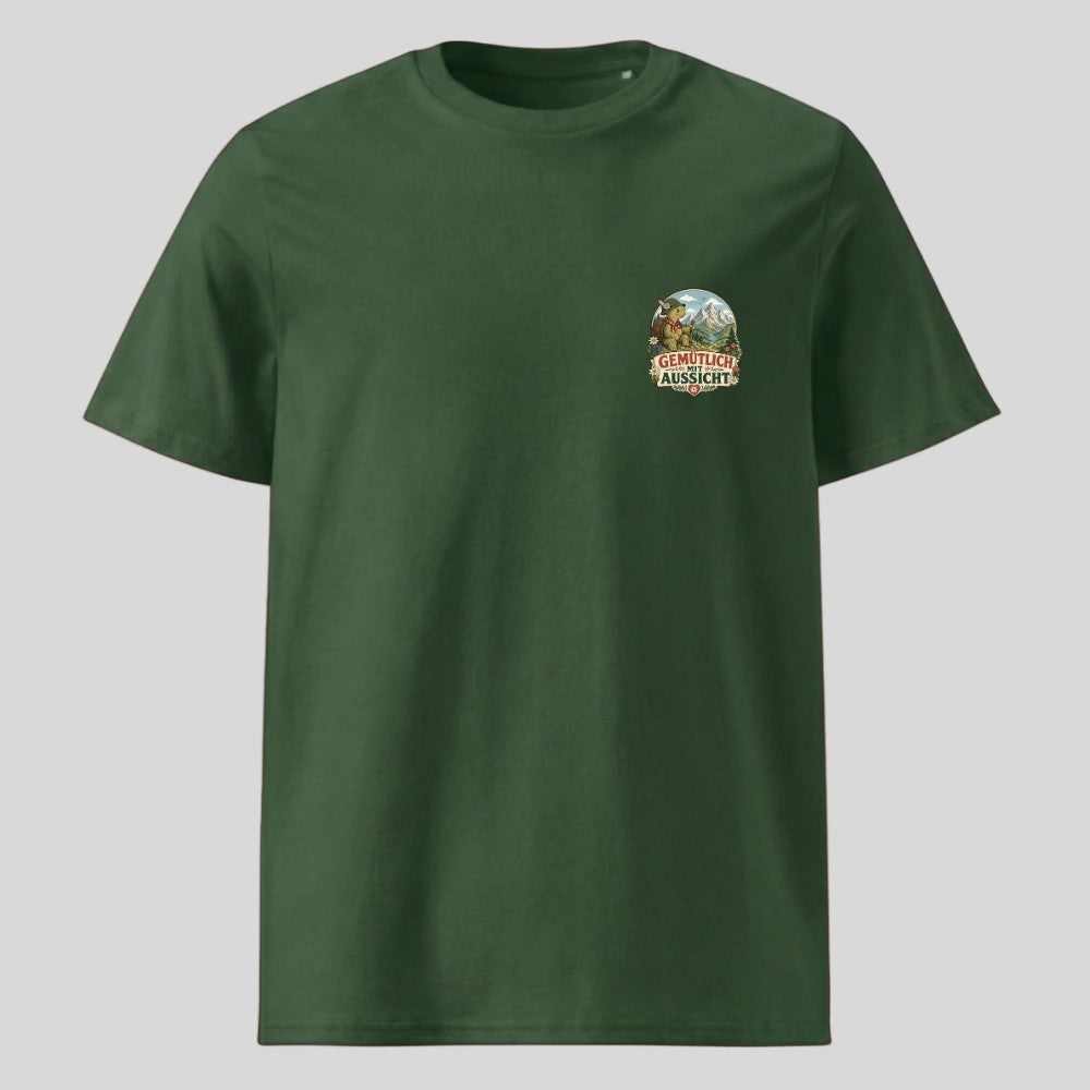 Gemütlich mit Aussicht Unisex T-Shirt mit Brustdruck, Kraxelgaudi
