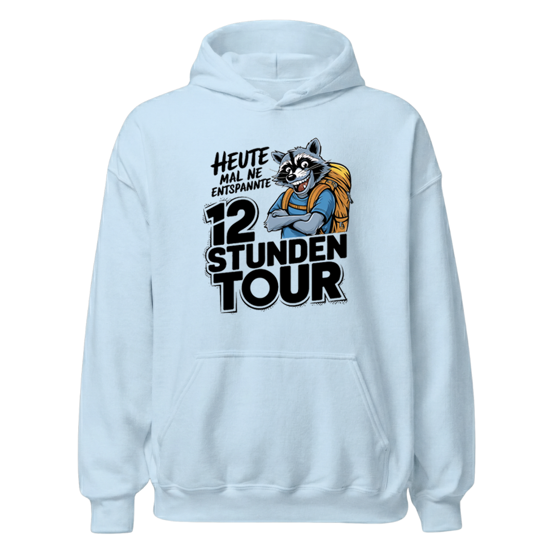12 Stunden Tour Hoodie mit Wander-Spruch, Print Nahaufnahme