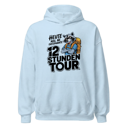 12 Stunden Tour Hoodie mit Wander-Spruch, Print Nahaufnahme