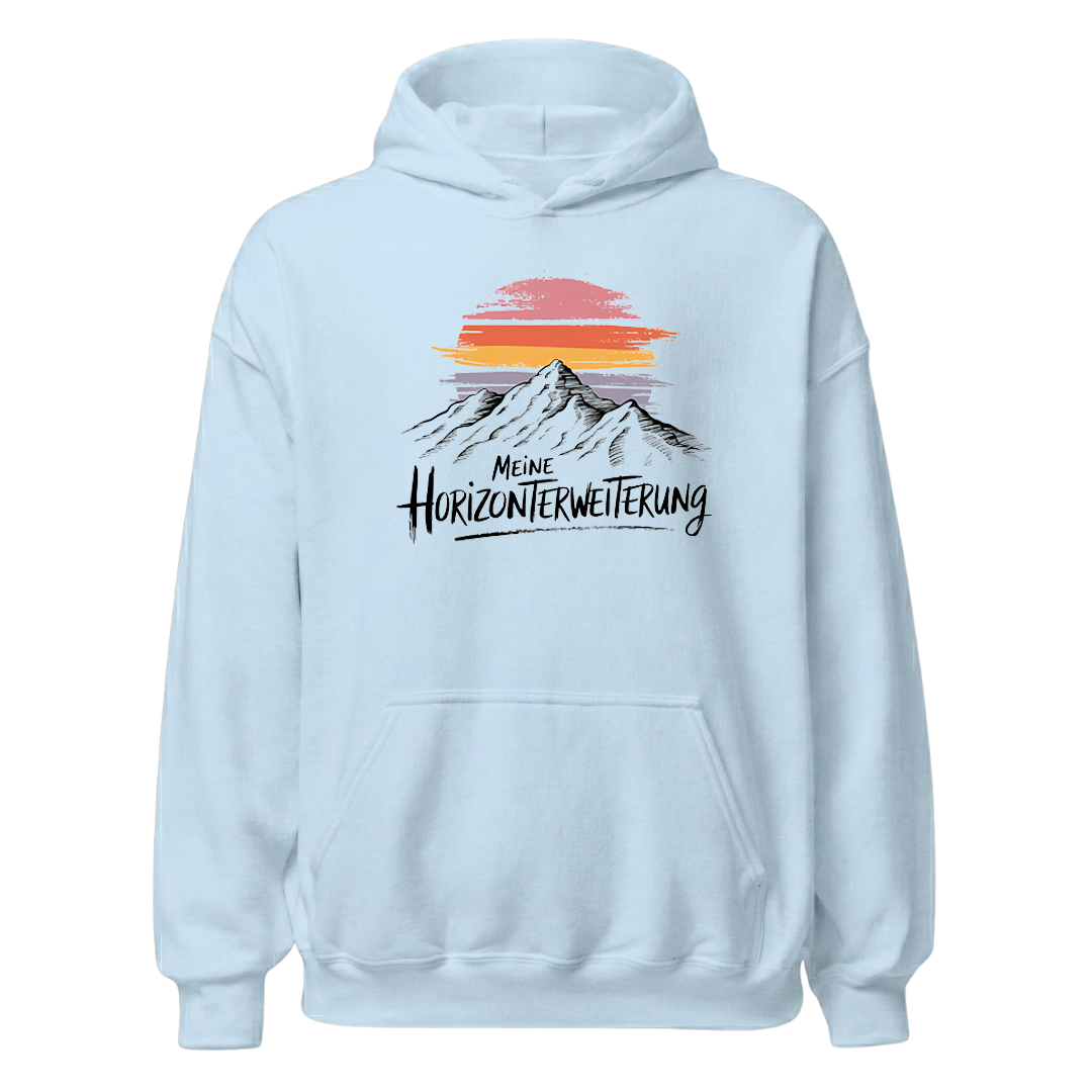 Horizont Hoodie mit Berg-Spruch, Print Nahaufnahme