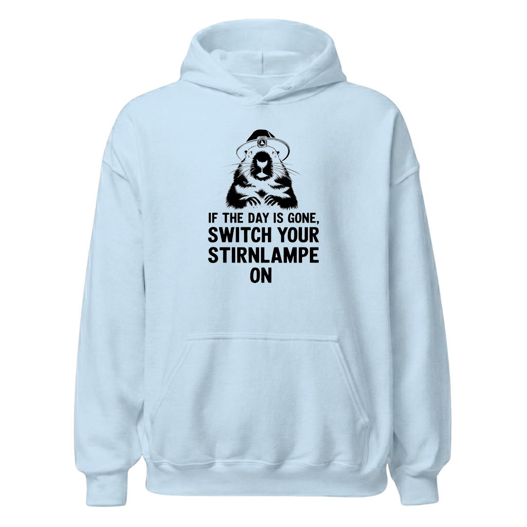 Stirnlampe Hoodie mit Wander-Spruch, Print Nahaufnahme