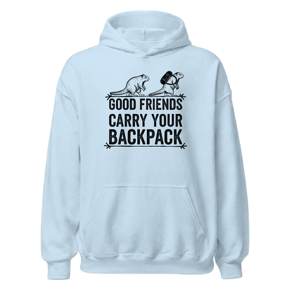 Gute Freunde Hoodie mit Berg-Spruch, Print Nahaufnahme