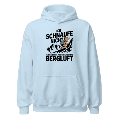 Bergluft Hoodie Unisex mit Berg-Spruch, Print Nahaufnahme