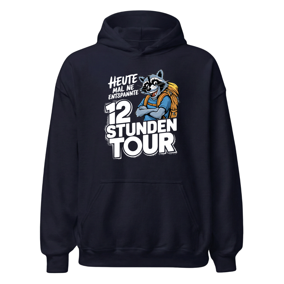 12 Stunden Tour Hoodie mit Wander-Spruch, Designdetail