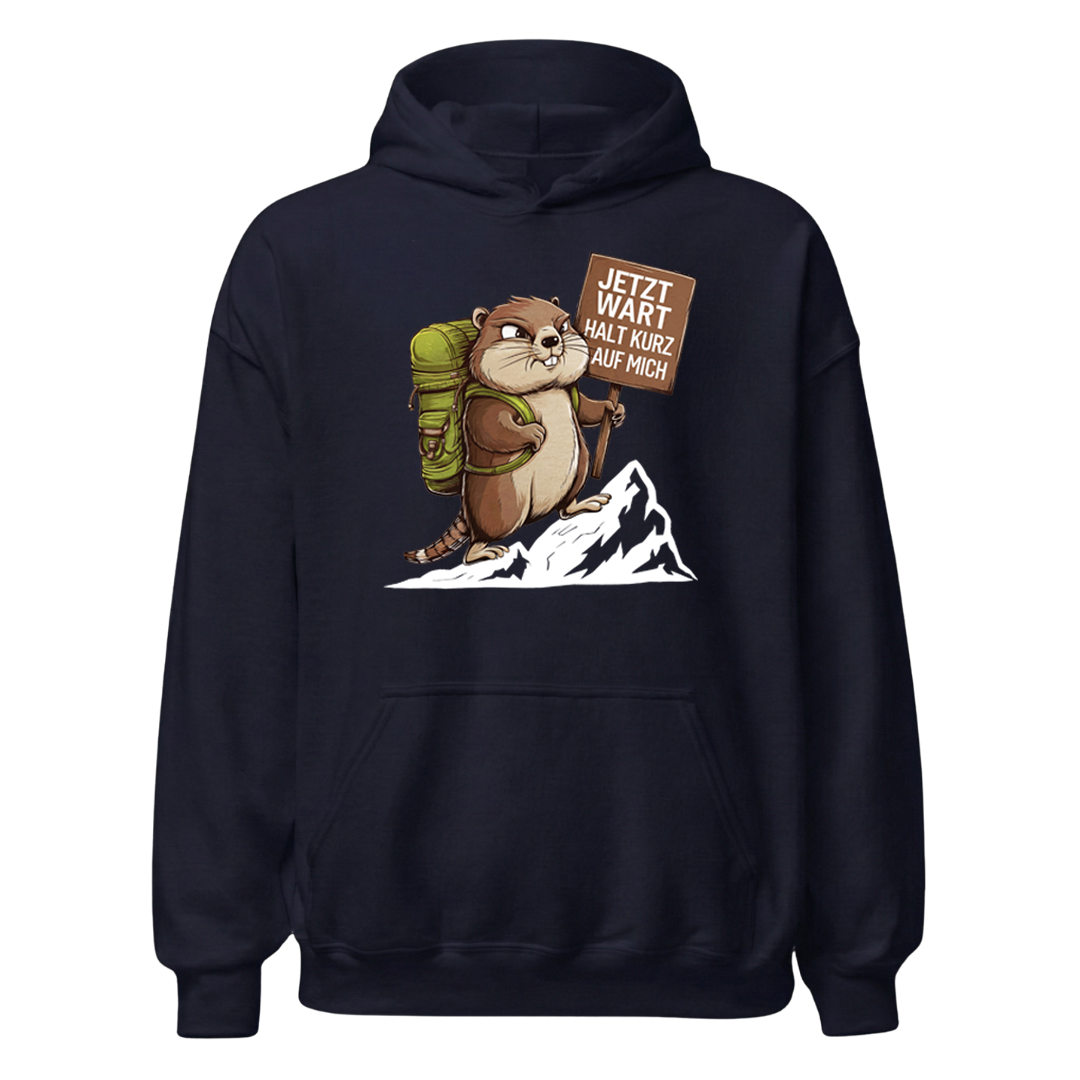 Warte kurz Hoodie Unisex mit Murmeltier-Motiv, Designdetail