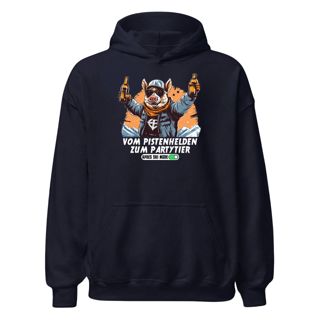 Pistenheld Hoodie mit Apres-Ski-Motiv, Designdetail