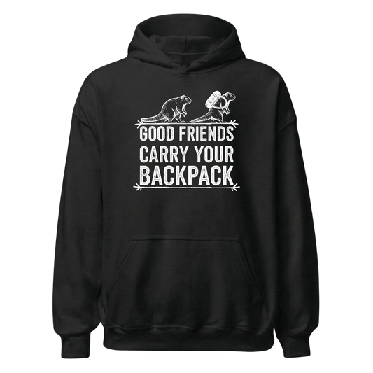 Gute Freunde Hoodie mit Berg-Spruch, Frontansicht