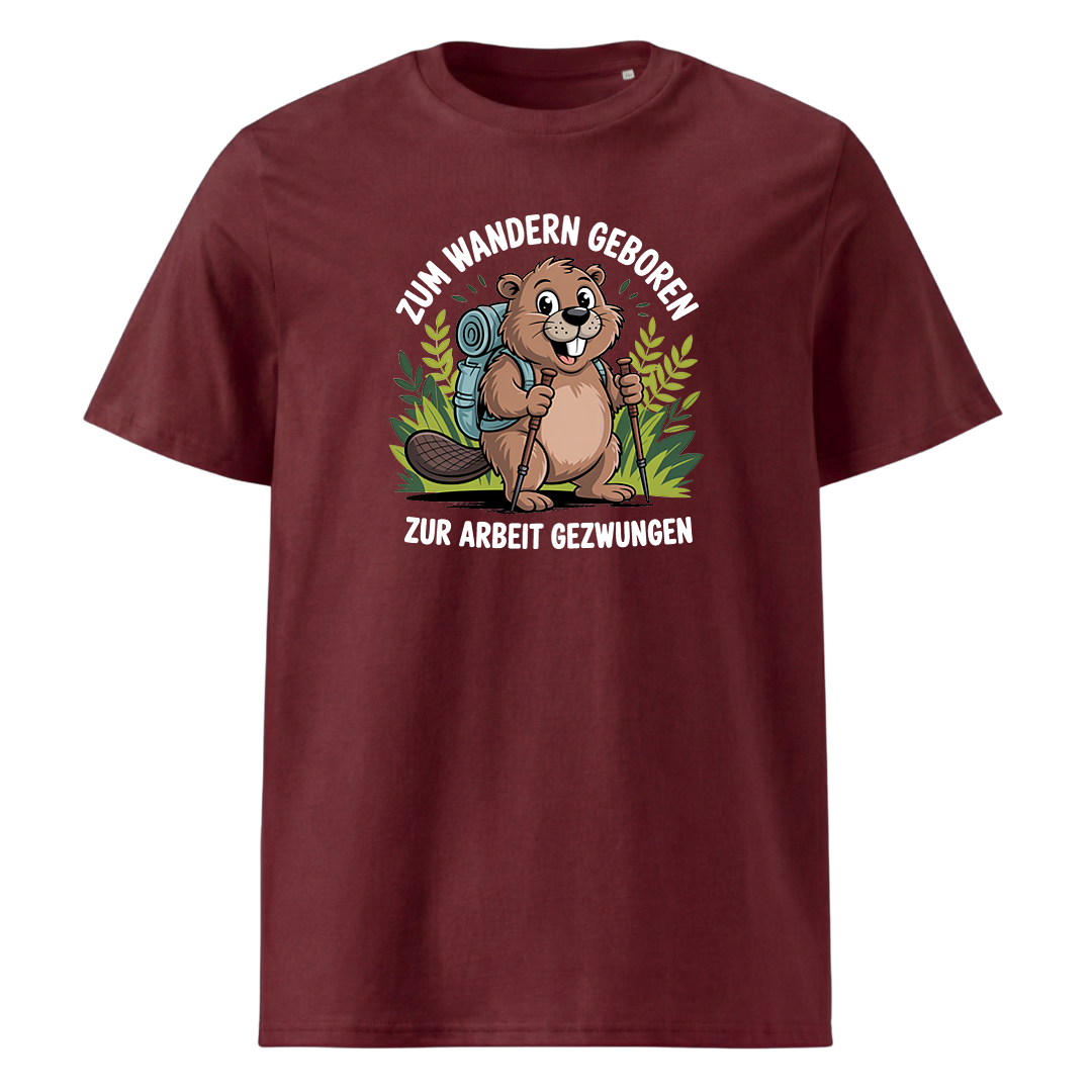 Zum Wandern geboren T-Shirt Unisex mit Wander-Spruch, Print Nahaufnahme