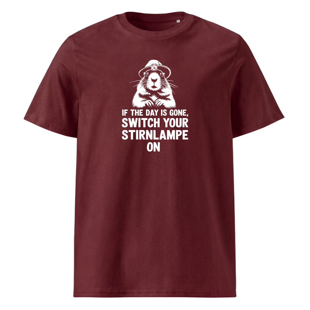 Stirnlampe T-Shirt mit Wander-Spruch, Print Nahaufnahme